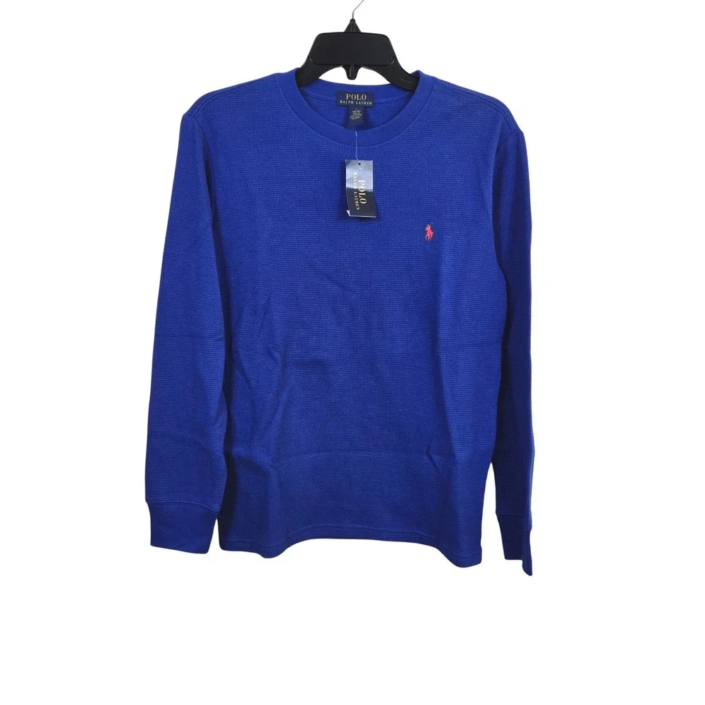 Polo Ralph Lauren Boys Royal Blue Crewneck Long Sleeve Waffle Knit Tee Large NEW